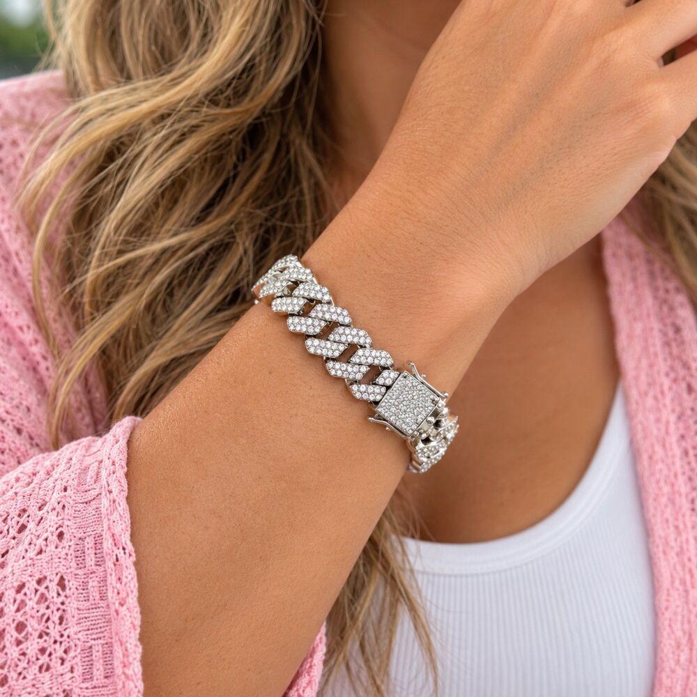 Silver Tone Rhinestone Cuban Link Bracelet Iced Out Bling Chunky Statement